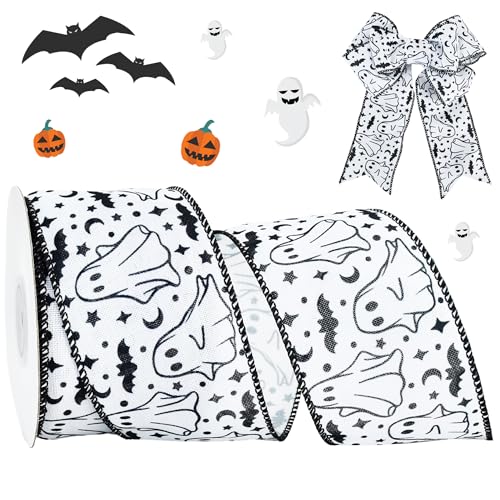 RIBBOOO Halloween-Band mit Drahtrand, 6,3 cm, 9,1 m, weißes Geister-Dekoband für Handwerk, Kranzschleife, Geschenkverpackungen, Party-Dekoration von RIBBOOO