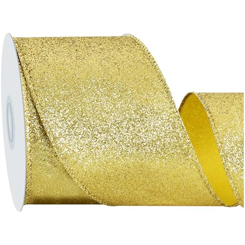 RIBBOOO Hellgoldenes Glitzerband, 6,3 cm, 9,1 m, glitzernd, Drahtrand, Stoffband für Handwerk, Kranzschleife, Geschenkverpackungen, Weihnachtsfeier-Dekoration von RIBBOOO