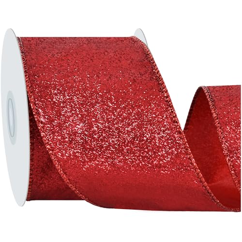 RIBBOOO Rotes Glitzerband, 6,3 cm, 9,1 m, glitzernd, Drahtrand, Stoffband für Handwerk, Kranzschleife, Geschenkverpackungen, Weihnachtsfeier-Dekoration von RIBBOOO