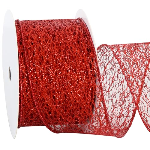 RIBBOOO Rotes Glitzerband mit Draht, 6,3 cm, 9,1 m, glitzerndes Stoffband für Kranzschleifen, Geschenkverpackungen, Hochzeit, Weihnachtsbaumschmuck von RIBBOOO