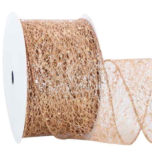 RIBBOOO Rotgoldenes Glitzerband mit Draht, 6,3 cm, 9,1 m, glitzerndes Stoffband für Kranzschleifen, Geschenkverpackungen, Hochzeit, Weihnachtsbaumschmuck von RIBBOOO