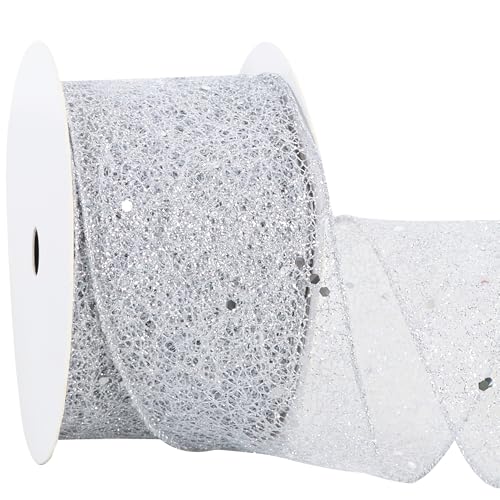 RIBBOOO Silberfarbenes Glitzer-Mesh-Drahtband, 6,3 cm, 9,1 m, glitzerndes Stoffband für Kranzschleifen, Geschenkverpackungen, Hochzeit, Weihnachtsbaumschmuck von RIBBOOO