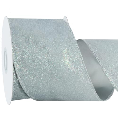 RIBBOOO Silberfarbenes Glitzerband mit Drahtrand, 6,3 cm, 9,1 m, glitzerndes Metallband für Handwerk, Kranzschleife, Geschenkverpackungen, Weihnachtsfeier-Dekoration von RIBBOOO