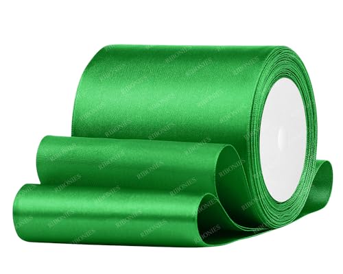 Grünes Satinband, 10,2 cm x 22,7 m, Stoffbänder für Geschenkverpackungen, Blumenstrauß, Basteln und Hochzeitsfeier-Dekoration von RIBONIES