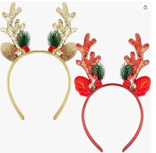 RICKMASK 2 Stück Weihnachtsfeier Kopfschmuck Set,Christmas Headbands,Glitzer Weihnachten Haarreif für Erwachsene Weihnachten Rentier Kostüm Stirnbänder von RICKMASK