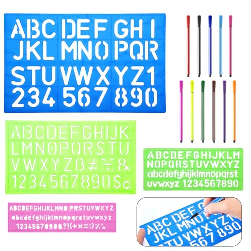 RICKMASK 4PCS Buchstaben Schablone,Buchstaben Schablonen Set aus Kunststoff, Nummer Schablone Klein mit 10 Stift,Schablone Wiederverwendbar für Kinder DIY lernen Zeichenschablone Malen von RICKMASK