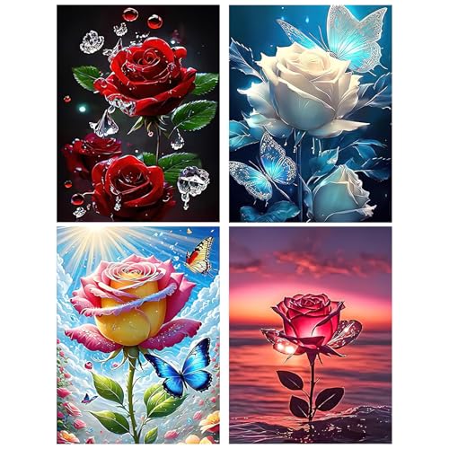 RICUVED 4 Pack 5D Diamant Painting Bilder,Diamond Painting Blume,Diamond Painting Set für Erwachsene und Kinder,Mosaikherstellung,Diamant Malerei für Haus Dekoratio von RICUVED