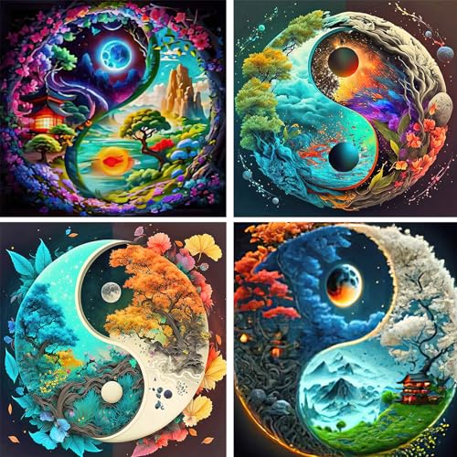 RICUVED 4pcs Yin&Yang Diamond Painting Set,5D Diamant Painting Bilder Erwachsene Landschaft Diamond Painting Kinder, Full Drill Diamond Art Landschaft Diamant Malerei Bilder für Home Dekor 30x30cm von RICUVED