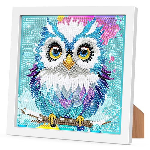 RICUVED 5D Eule Diamond Painting Kinder Mit Holzrahmen,Tiere Diamond Painting Set Full Mosaikherstellung für Kinder Mädchen,Erwachsene,Diamant Painting Bilder Arts Craft für Home Wand Decor 18x18 cm von RICUVED