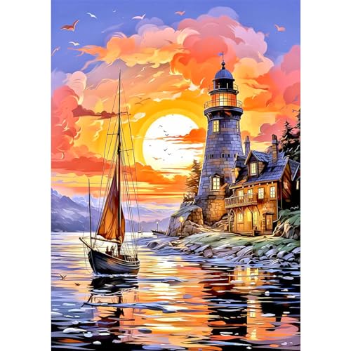 RICUVED 5D Leuchtturm Diamond Painting Landschaft Set,DIY Diamant Painting Leuchtturm Bilder mit Zubehör Diamond Painting Set,Full Drill Diamant Malerei Kits als Geschenk und Home Wand Dekor (30x40cm) von RICUVED