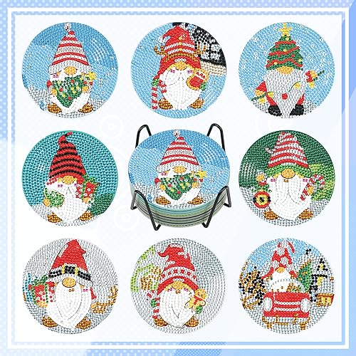 RICUVED 8 STK Weihnachtstag Diamant Painting Untersetzer, DIY Stich Untersetzer, Tiere Diamond Painting für Erwachsene, Kinder, Getränke Untersetzer, 5D Gnoems Diamant Kunst Untersetzer Bastelbedarf von RICUVED