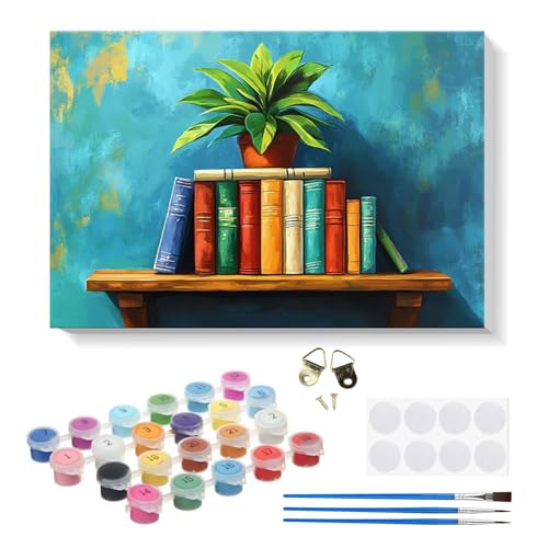 RICUVED DIY Landschaft Malen nach Zahlen Set für Erwachsene Kinder mit Rahmen - Bücherregal Paint by Numbers Set Mit Ölgemälde für Anfänger, Leinwand, Pinsel und Farben Wanddekoration 20x30cm von RICUVED