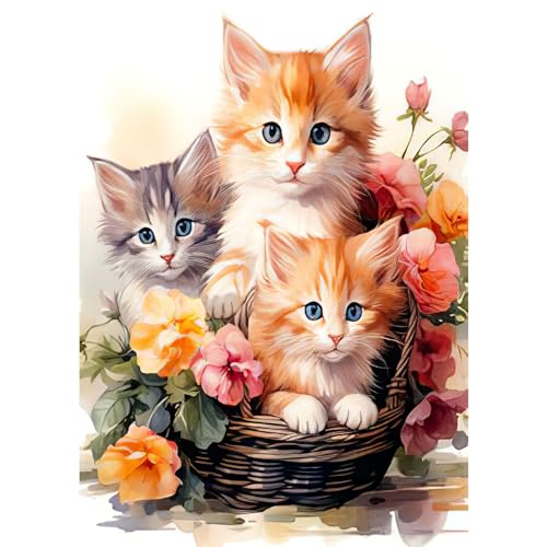 RICUVED Katzen Diamond Painting Erwachsene, 5D Katzen Blumen Diamant Painting Bilder Erwachsene, DIY Diamond Painting Bilder Tiere Diamant Malerei Set für Wanddekoration 30x40cm von RICUVED