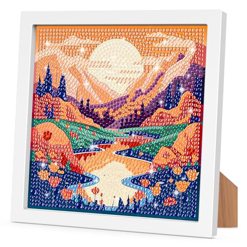 RICUVED Landschaft Diamond Painting Kinder Set mit Holzrahmen, 5D DIY Berg Diamant Painting Bilder, 5d Diamant Painting mit Rahmen Kreative Geschenke für Mädchen und Jungen Home Wall Decor 18x18 cm von RICUVED