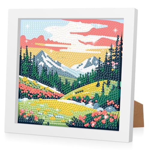 RICUVED Landschaften Diamond Painting Kinder Set mit Holzrahmen, 5D DIY Berge Diamant Painting Bilder, 5d Diamant Painting mit Rahmen Kreative Geschenke für Mädchen und Jungen Home Wall Decor 18x18 cm von RICUVED