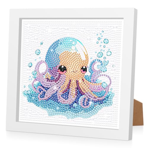 RICUVED Oktopus Diamond Painting Kinder Set mit Holzrahmen, 5D DIY Tiere Diamant Painting Bilder, 5d Diamant Painting mit Rahmen Kreative Geschenke für Mädchen und Jungen Home Wall Decor 18x18 cm von RICUVED