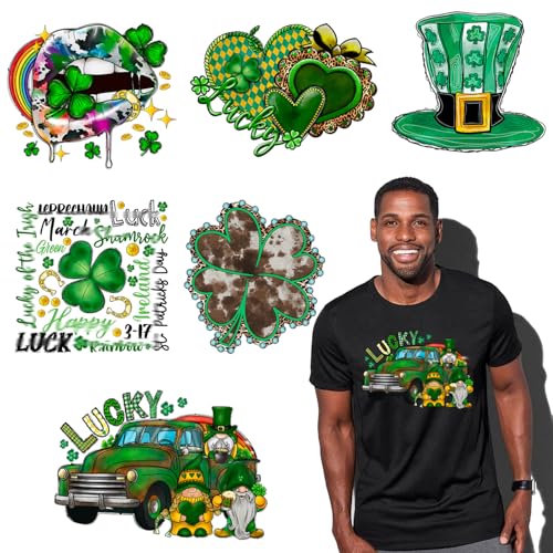 6 Bögen St. Patrick's Day Bügelbilder, Kleeblatt-Herz, Aufkleber für Kleidung, Irischer Hut, Transfer-Vinyl-Aufkleber, Bügelapplikationen für T-Shirt, Hoodies, Jeans, Jacken, Taschen, DIY-Dekoration von RIICFDD