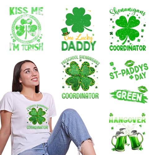 6 Bögen St. Patrick's Day Bügelbilder, grünes Kleeblatt, Herz, zum Aufbügeln für Kleidung, Biertransfer-Vinyl-Aufkleber, Bügelapplikationen für T-Shirt, Hoodies, Jeans, Jacken, Taschen, DIY-Dekoration von RIICFDD