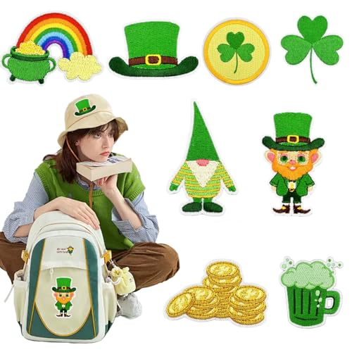 St. Patrick's Day Aufnäher zum Aufbügeln, Goldmünze, Glückskleeblatt, zum Aufnähen, Irischer Hut, bestickte Flicken zum Aufbügeln für Kleidung, Uniformen, Hüte, Rucksäcke, 8 Stück von RIICFDD