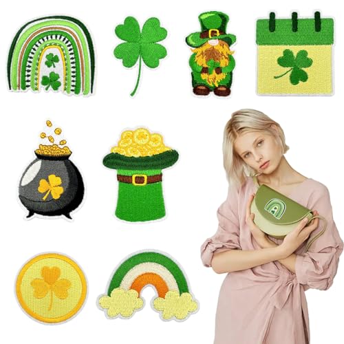 St. Patrick's Day Aufnäher zum Aufbügeln, Motiv: grüner Regenbogen, niedlicher Zwerg, zum Aufnähen, Kleeblatt, bestickte Flicken zum Aufbügeln für Kleidung, Uniformen, Hüte, Rucksäcke, 8 Stück von RIICFDD