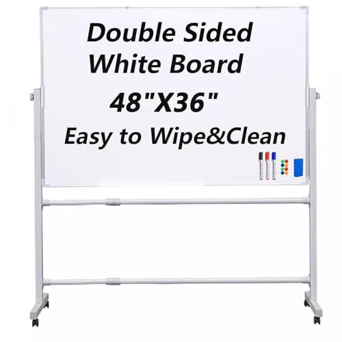 RIQHTIK Doppelseitiges mobiles Whiteboard, großes rollendes, magnetisches, trocken abwischbares Whiteboard, stehendes Staffelei-Whiteboard auf Rädern, tragbares, verstellbares,90 * 120cm/48 * 36in von RIQHTIK