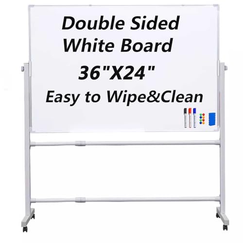 RIQHTIK Doppelseitiges mobiles Whiteboard, großes rollendes, magnetisches, trocken abwischbares Whiteboard, stehendes Staffelei-Whiteboard auf Rädern, tragbares, verstellbares,90 * 60cm/36 * 24in von RIQHTIK