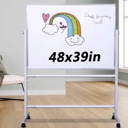 RIQHTIK Großes rollbares Whiteboard, doppelseitiges mobiles Whiteboard, reversibles magnetisches Whiteboard mit trocken abwischbarer Staffelei, für das Klassenzimmer,100 * 120cm/48 * 39in von RIQHTIK