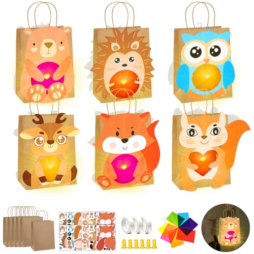 6 Stück Laternen Bastelset für Kinder,Laternen zum Selber Basteln,LED Laterne,Herbst Basteln Kinder,Papiertüten mit Transparentpapier und Stanzteilen,Fuchs, Eule, Bär,Igel,REH,Eichhörnchen von RIRIDAMAI