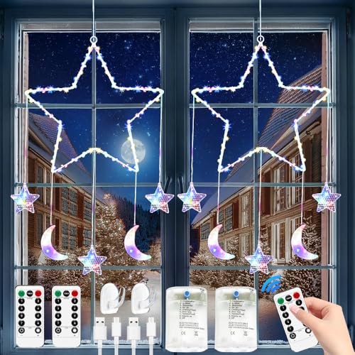 Weihnachtsbeleuchtung Fenster Stern,2 Stück Weihnachtsdeko Fenster Beleuchtet Batteriebetrieben,LED Stern Fenster Weihnachten,Mit 8 Blinkenden Modi,Fernbedienung,USB,für Ramadan,Hochzeit,Party von RIRIDAMAI