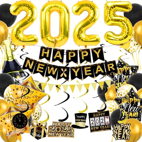 Silvester Deko 2025 Schwarz Gold,New Year Decoration 2025,Silvester Party Deko 2025,Folienballon Silvester,New Year Deko Banner,Happy Neujahr 2025 Deko,luftballons silvester 2025,für Silvesterparty von RIRIDAMAI