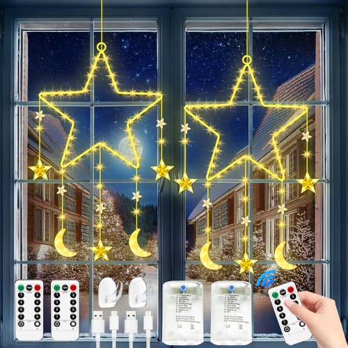 Weihnachtsbeleuchtung Fenster Stern,2 Stück Weihnachtsdeko Fenster Beleuchtet Batteriebetrieben,LED Stern Fenster Weihnachten,Mit 8 Blinkenden Modi,Fernbedienung,USB,für Ramadan,Hochzeit,Party von RIRIDAMAI