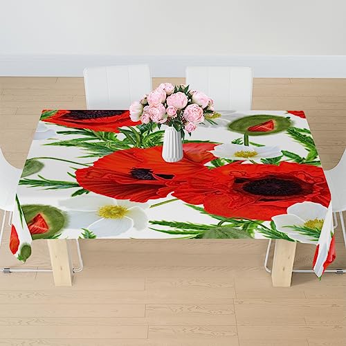 RIRIX Rote Mohnblumen Blätter Rechteckige Tischdecke Wasserdicht und Anti-Verschütten Falten Mohnblumen Tischdecke Küche Esszimmer Tischdekoration (Rechteck/Länglich, 152,4 x 213,3 cm) von RIRIX