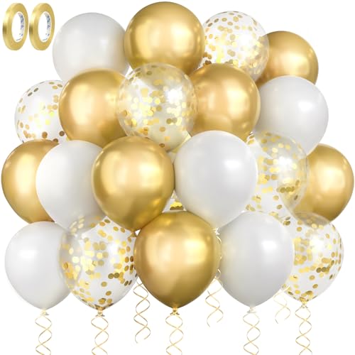 RISEMART Goldene deko Hochzeit Set 60 Stück luft-ba-llons 30cm Helium deko mit 2 Rollen goldener Band von RISEMART