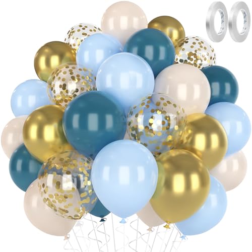 RISEMART Luftballons Blau Beige Gold, luftballons hochzeit Set 60 Stück 30cm Helium Ballons mit 2 Rollen Band als Geburtstag Jubiläum Party Dekoration Graduierung von RISEMART