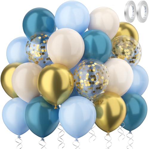 RISEMART Luftballons Blau Beige Gold, luftballons hochzeit Set 60 Stück 30cm Helium Ballons mit 2 Rollen Band als Geburtstag Jubiläum Party Dekoration Graduierung von RISEMART