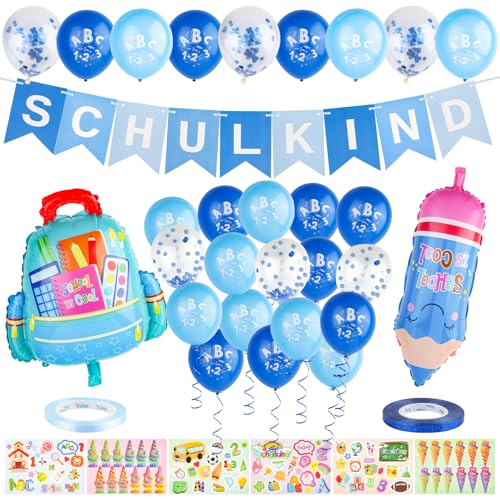 37 Stück Einschulung Deko Jungen Mädchen Set，Schulanfang Deko Einbeziehen SCHOOL CHILD Wimpelkette, Schulanfang Deko Bleistift Schultüte Folienballons Blau Ballon, Einschulung Deko Aufkleber von RISF