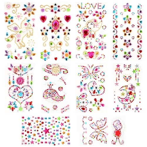 RISF Glitzersteine Selbstklebend, 10 Blätter Acryl Bunt Sticker Glitzer, Selbstklebende Glitzersteine, Glitzerstrasssteine für DIY Glitzer Sticker, Nageldekoration von RISF