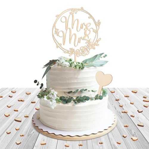 Holz Mr&Mrs Cake Topper Hochzeit (mit 1 Stück Herzanhänger und 50 Stück Herzdekoration), Personalisierter Tortendeko Hochzeit, Hochzeitstorte Deko für Verlobung, Hochzeitsparty, Hochzeitstag von RISF