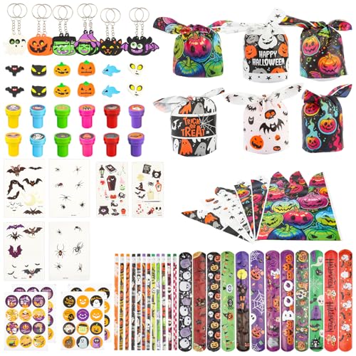 RISF Halloween Mitgebsel Kinder, 126 Stück Schreibwaren Set Gehören Schnapparmband Kinder, Radiergummi, Schlüsselanhänger, Bleistifte, Süßigkeitentüten, Stempel, Aufkleber und Temporäre Tattoos von RISF