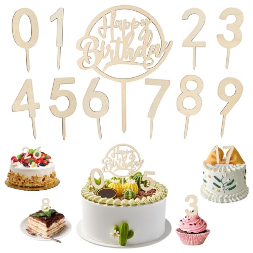 RISF Happy Birthday Tortendeko mit Holz Cake Topper Zahlen, 0-9 Cake Topper, Geburtstag für Tortendeko Junge Mädchen Frauen Geburtstagsfeiern Hochzeit von RISF