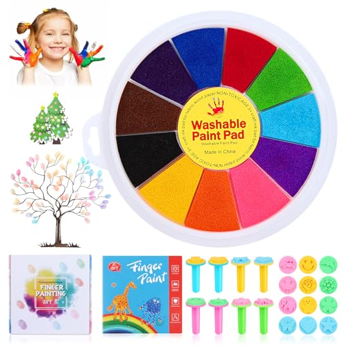 12 Farben Stempelkissen Kinder Set, Fingerabdruck Set für Kinder mit Bilderbuch, 20 Silikonstempe, Ungiftig, Waschbares Silikonstempel Set für Papierarbeiten, DIY, Handwerk, Fingerabdruck von RISVOWO