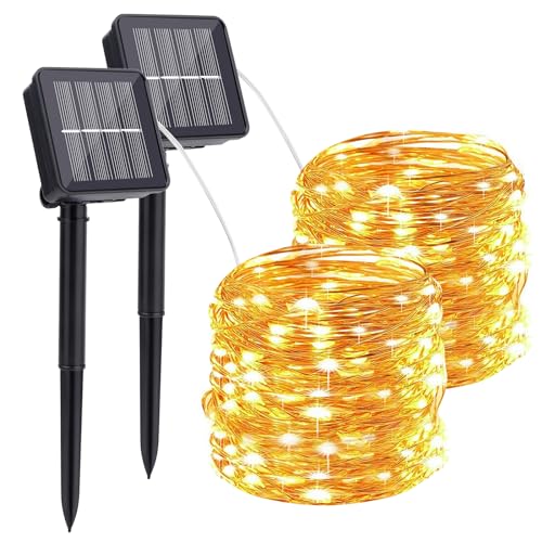 RISVOWO 2 Stück Solar Lichterkette Aussen, Gartendeko für Draußen Wetterfest 100LED 10M, 8 Modus Solarlichterkette, Außenbeleuchtung Kupferdraht Wass von RISVOWO