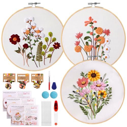 RISVOWO 3 Sets Embroidery kit, Blumenmuster-Pflanzen Stickerei set, Stickset für Anfänger Mit 2 Bambus Stickrahmen, Anleitung und Werkzeug, DIY Art, Sticken set erwachsene, Sticken Kunsthandwerk von RISVOWO