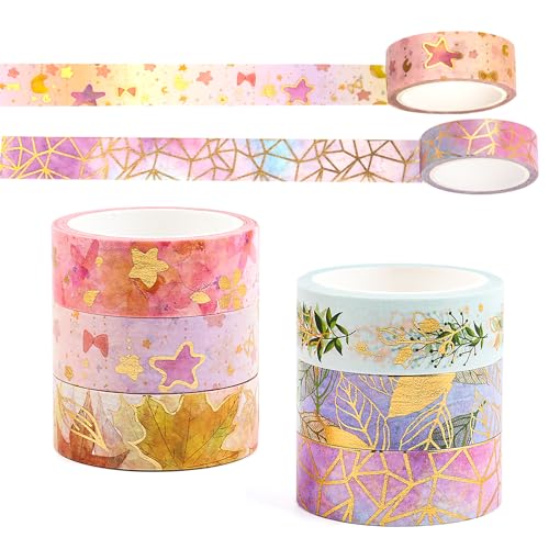 RISVOWO 6 Rollen Washi Tape, 15mm x 5m Washi Klebeband Set, Goldfolie Blume Masking Tape Set, Dekoratives DIY Papier Tap für DIY Handwerk, Scrapbooking, Planer von RISVOWO