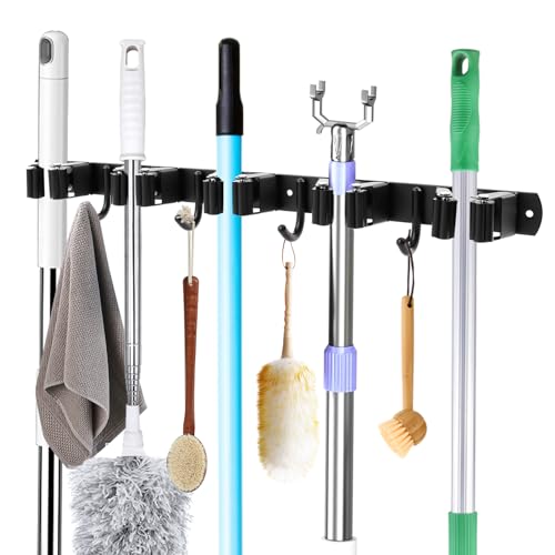 RISVOWO Besenhalterung Wand, Besen Mop Halter Wandhalterung, Selbstklebend Werkzeughalter Organizer mit 5 Halter und 4 Haken, Edelstahl Besen Mop Halter für Zuhause, Küche, Badezimmer, Garage, Garten von RISVOWO