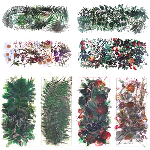 RISYPISY 160Stück Pflanzenaufkleber, 4 Packs Blume Blatt Dekorative Abziehbilder Wasserdicht PET Aufkleber für Junk Journals, Karten, Scrapbooking, Wasserflaschen von RISYPISY