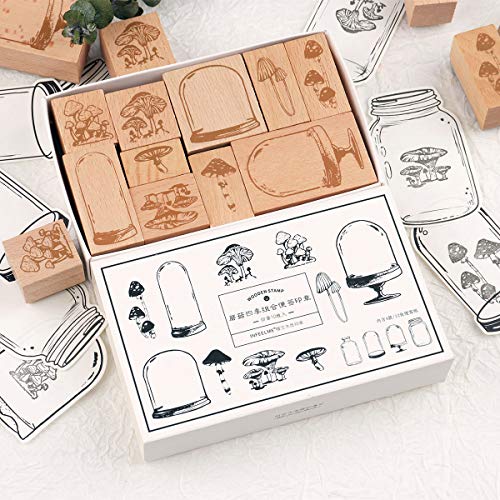 RISYPISY Holzstempel Set, 10 Stück Dekorativer Montierte Stempel mit Pilz & Probenflasche Gedruckt & 12 Blatt Ins Style Notizblock für Kartenherstellung, Basteln, Schreibwaren Scrapbooking, Tagebuch von RISYPISY