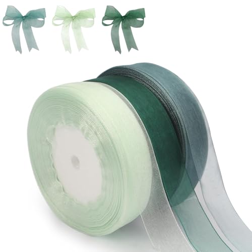 RIVORISELI 3 Rollen 45m Geschenkband Grün, 25mm Breit Chiffonband, Transparentes Organza Bänder, Schleifenband,Dekoband Für Handgemachtes Heimwerken, Geschenkverpackung, Hochzeit Sdekoration von RIVORISELI