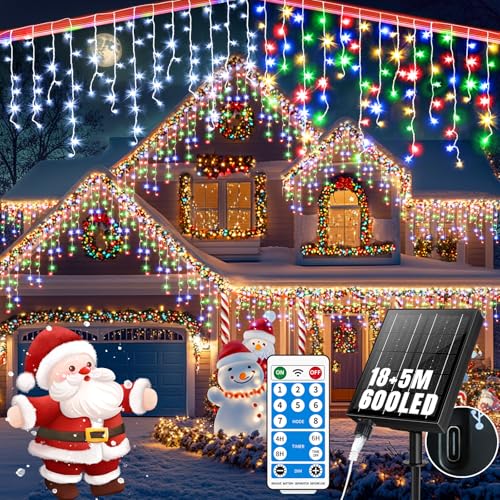 RJEDL 2500mAh Solar Eisregen Lichterkette Außen, 18+5M 600LED 3 In 1 Wasserdicht LED Eisregen Lichterkette, Mit 8 Modi & Timer und Speicher Weihnachtsbeleuchtung Außen Bunt von RJEDL