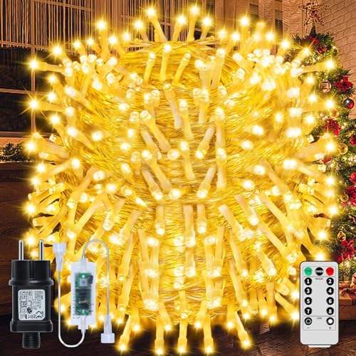 RJEDL Lichterkette Aussen 60+3M, 600 LED Lichterkette mit 8 Modi Fernbedienung Timer und Memory Funktionen, IP65 Wasserdicht Weihnachtsbeleuchtung Außen(Warmweiß) von RJEDL